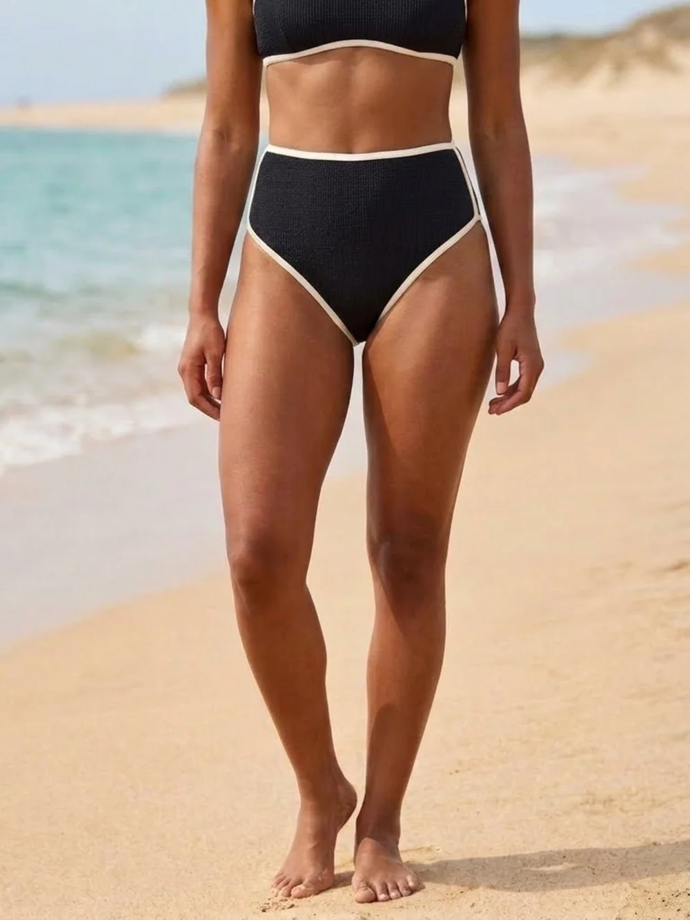 CALIA Women's High Rise Bikini Bottom Medium Black Ribbed Contrast Trim NWT